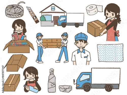 手描きの女性と作業員、引っ越しセット