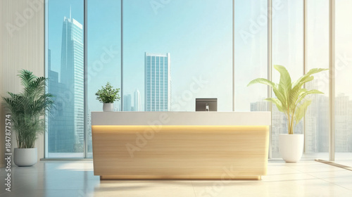 Real estate office reception counter mockup front interior registration copy space desk design indoor decoration front view decoration three-dimensional
