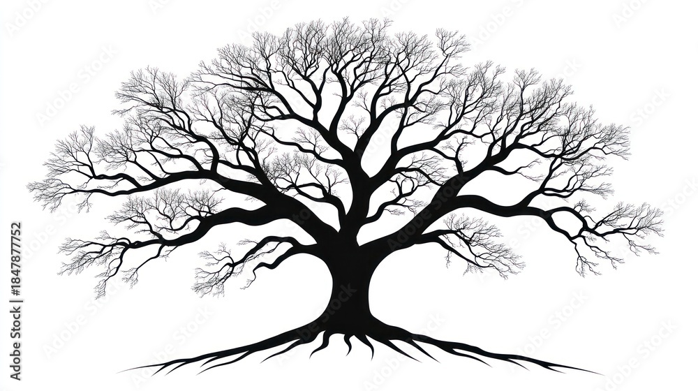 Fototapeta premium Silhouette of a large tree with detailed branches and roots against white