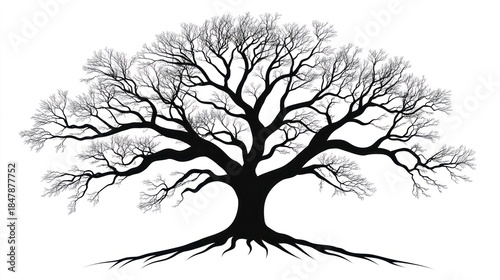 Silhouette of a large tree with detailed branches and roots against white