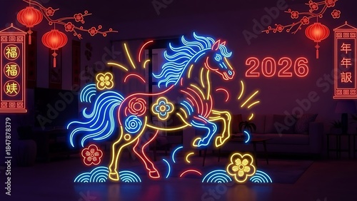 Neon horse zodiac sign for 2026 year of the horse, colorful blue, red and yellow glowing illustration with flowers and lanterns on dark