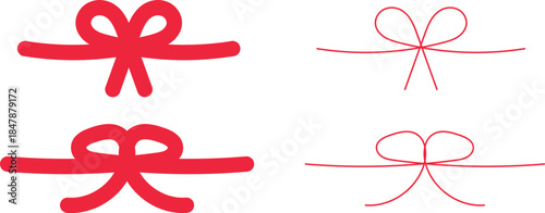 Simple doodle red bows with string and knot for present set. Christmas celebration and coquette holiday decoration. Minimalist line art vector. birthday party or festive package