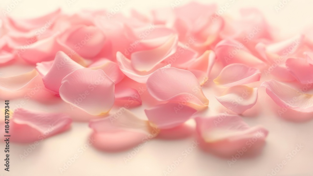 Obraz premium Soft focus image of many delicate, pink rose petals scattered on a light surface