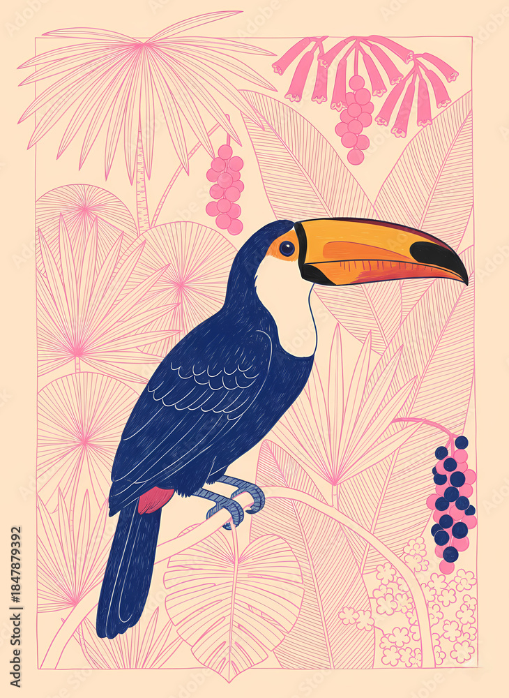 Naklejka premium Stylized toucan perched among tropical leaves and berries illustration