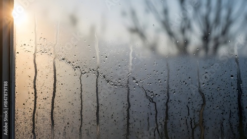 One old window with condensation and faint sunlight, early spring morning