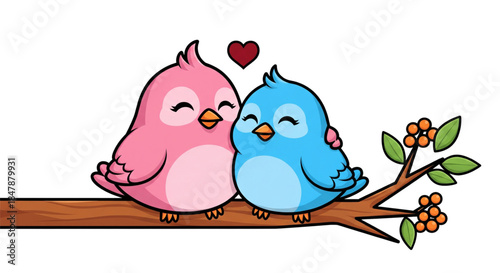 Cute Love Birds Couple on Branch, Valentine's Day Romance, Sweet Partnership, Adorable Animal Illustration, Joyful Friendship