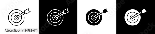 Objective icon set in line and glyph style on black and white background