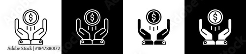 Capital icon set in line and glyph style on black and white background