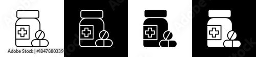 Medications icon set in line and glyph style on black and white background