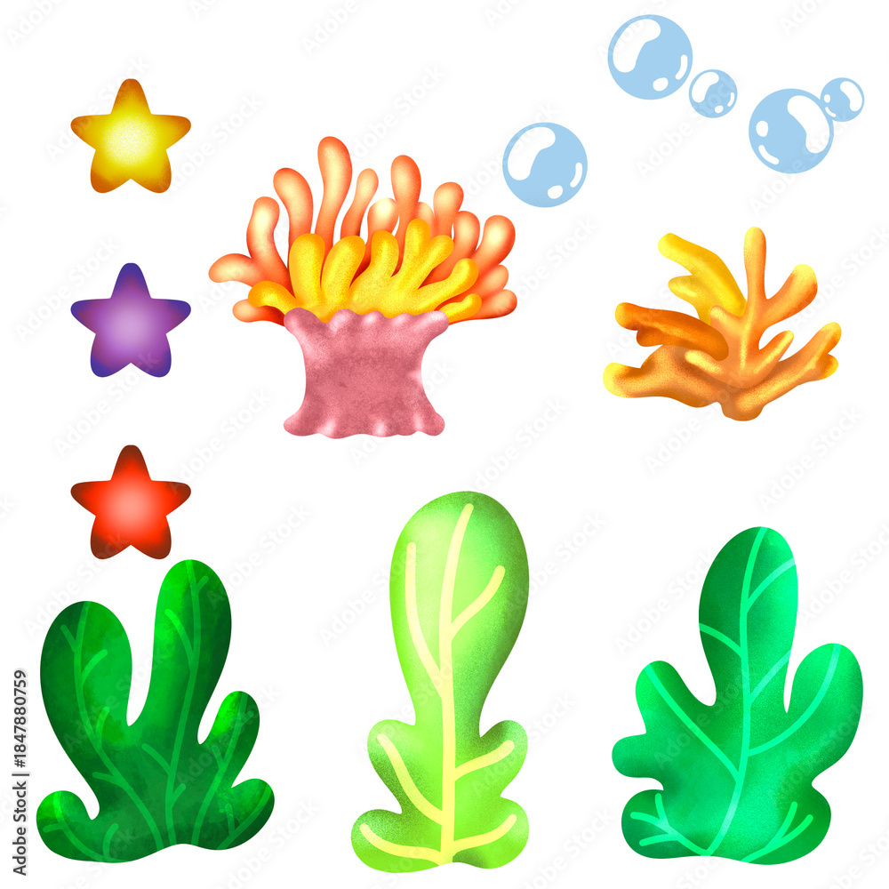 Fototapeta premium Under the Sea Life Collection: Seaweed, Anemone, Starfish, and Bubbles - Vector, SVG, PNG Cute Ocean Marine Life Clipart Set - Colorful Sea Plants & Creatures - SVG, PNG, Vector