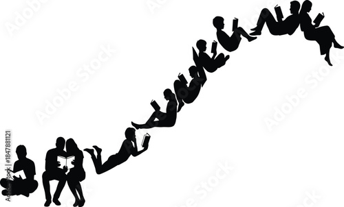 Diverse silhouettes of adults and children sitting, lying down, and reading books arranged in a flowing curved wave, education concept.