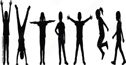 Dynamic Silhouettes of Young Children Playing, Jumping, Doing Handstands, and Stretching, Expressing Joy, Energy, Movement, and a Happy, Active Childhood Lifestyle