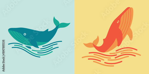 Stylized Whale Illustration Clean Abstract Jumping Whales Set