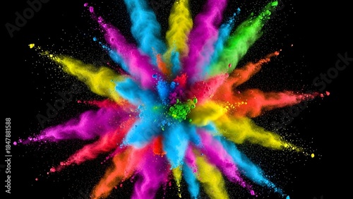 Vibrant multicolor powder explosion on black background