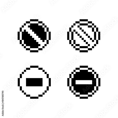 Pixel art stop and prohibition icon set in retro game style, symbols with diagonal slash and minus sign representing stop, cancel, forbidden, no entry, disabled or blocked actions, game UI, menus, HUD
