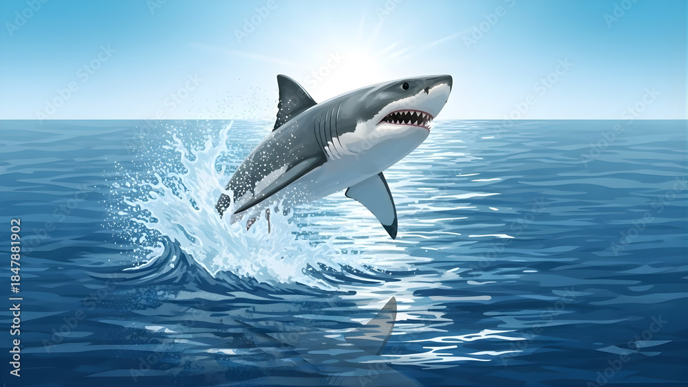 Fototapeta premium Majestic Shark Leaping From The Ocean Surface In A Splash of Water Under A Bright Blue Sky