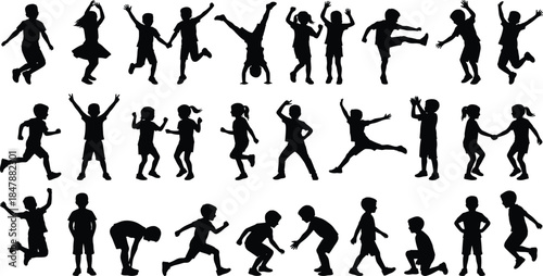 Mega collection of black children silhouettes playing, jumping, running, dancing, doing gymnastics, and standing together, diverse kids activity set isolated on white,
