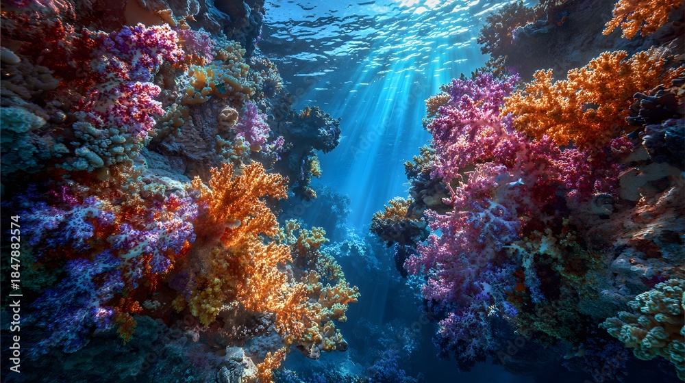 Naklejka premium Vibrant Coral Reef Ecosystem with Sunbeams Piercing Through Ocean Water.