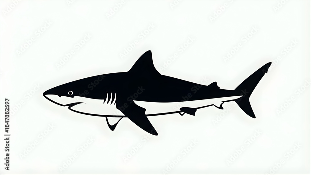 Naklejka premium Striking black and white illustration of a powerful ocean shark, depicted with a sleek silhouette and sharp features, embodying marine predator strength and grace
