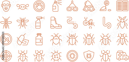 Pest control line icons set, insect extermination vector symbols for bug, cockroach, mosquito, disinfection spray, and sanitary service.