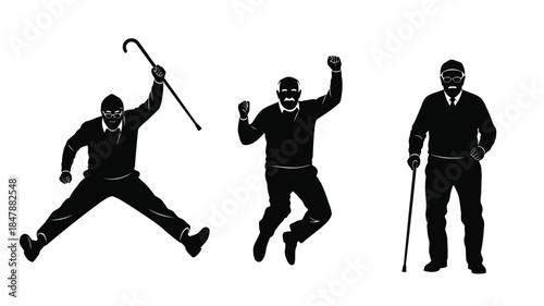 Silhouettes of three men in varying poses one with a walking stick