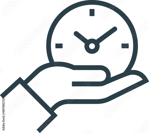 Time management icon, hand holding clock vector symbol for deadline, efficiency, schedule, business planning, and saving time.