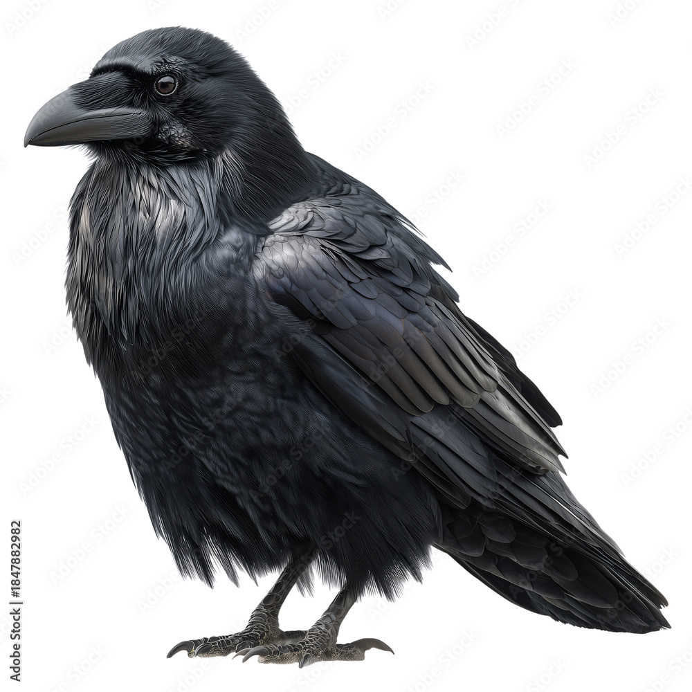 Fototapeta premium Black Crow Stands on a Branch Looking Around in a Natural Setting During Daylight Hours