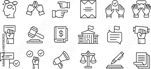 Law and justice line icons set, vector symbols for politics, voting, government, court, democracy, legal system, and civil rights.