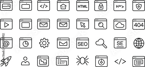 Web development line icons set, SEO and coding vector symbols for internet, browser interface, programming, security, and digital marketing strategy.