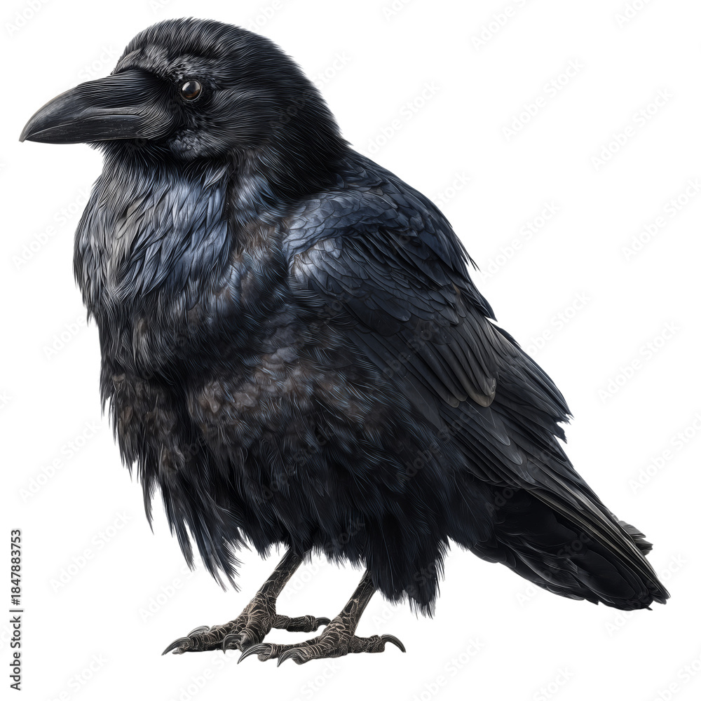 Fototapeta premium Raven Stands on Its Feet With Feathers Detailed in Black During a Bright Daylight Scene