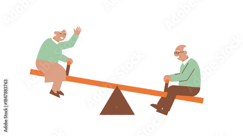 An illustration depicting an elderly couple playfully balancing on a seesaw
