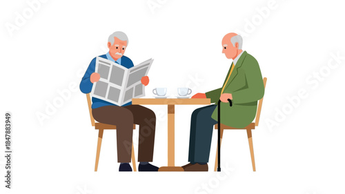 Two senior men enjoying a quiet moment with coffee and a newspaper