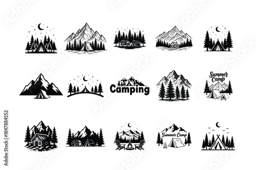 Outdoor Camping Nature Scene Silhouette Vector Set