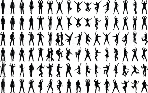 Mega collection of black silhouettes featuring people cheering, jumping with joy, business professionals, and diverse dancing figures isolated on white,