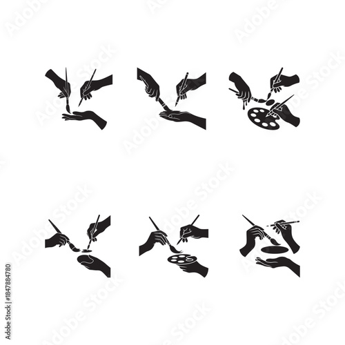 Black Color Hand Drawing and Painting Creative Hobby Concept Silhouette Vector Illustration, Solid White Background.