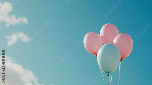 Colorful Balloons Floating Against Bright Blue Sky Background