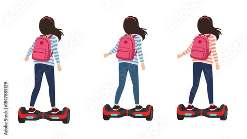 Three views of a young woman riding a self balancing scooter with a backpack