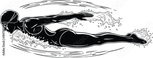 Freestyle swimmer, person swimming vector illustration silhouette, icon 