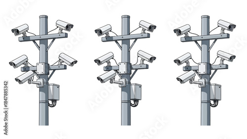 Multiple surveillance camera poles with numerous cameras in a row