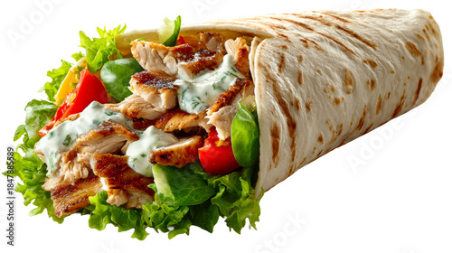 Delicious chicken wrap filled with fresh lettuce, tomatoes, cucumbers, and creamy sauce, perfect for fast food menus and healthy eating promotions