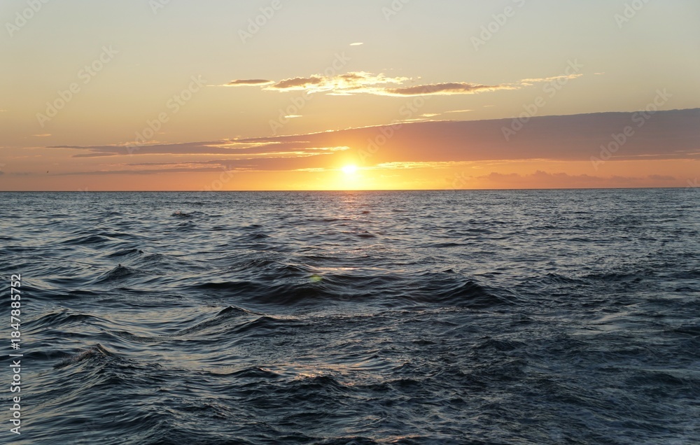 Obraz premium Golden sunset over rippling ocean waves, with dramatic clouds reflecting warm light, capturing nature’s tranquil beauty at day’s end near St Petersburg, Florida, U.S