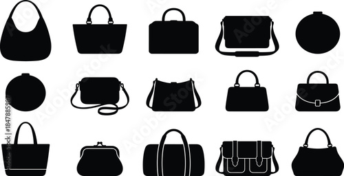 Set of black bag silhouettes including handbags, totes, backpacks, clutches, satchels, and fashion accessories isolated on white background, vector illustration,