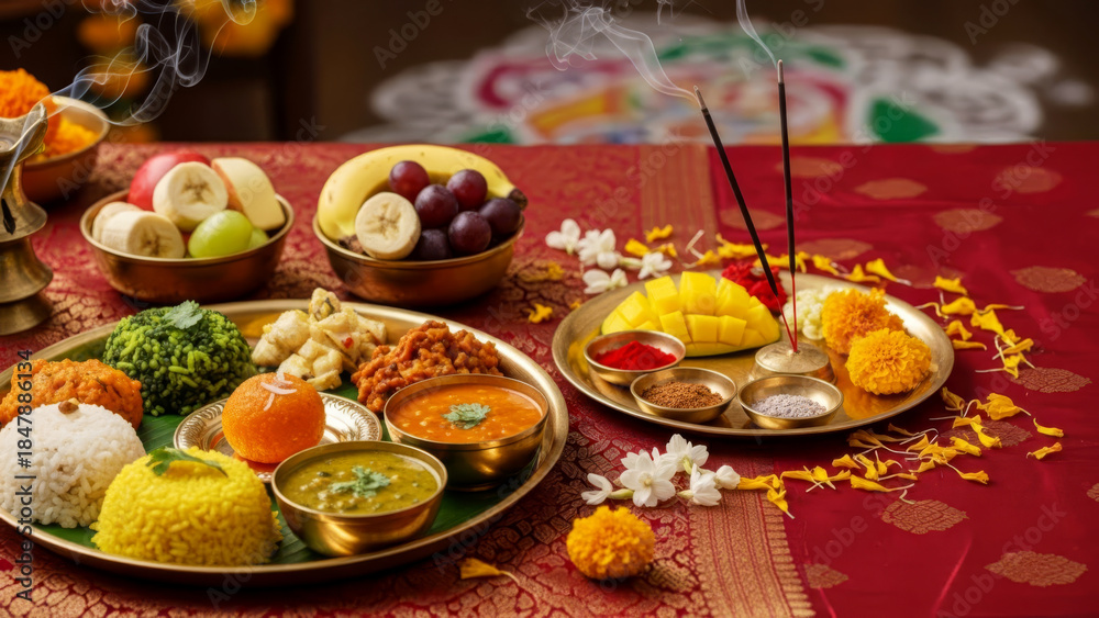 Naklejka premium Thaipusam festival table setting with Indian food offerings, fruits, incense and flowers on red background.