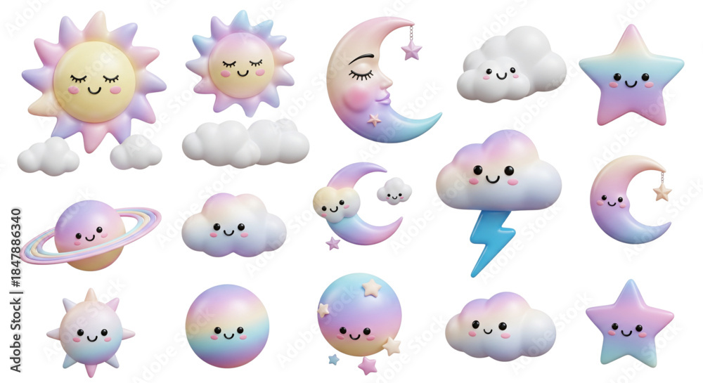 Fototapeta premium Whimsical Pastel 3D Celestial Weather Icons Set Cute Sun Moon Stars Clouds Nursery Decor Baby Shower Graphics