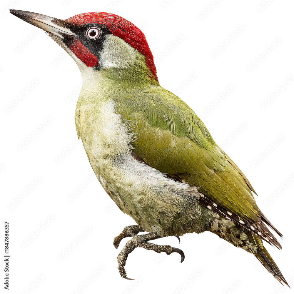 Fototapeta premium Green Woodpecker With Red Crown Standing on a Branch in a Natural Setting