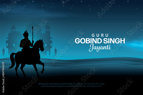 Creative vector illustration of guru gobind singh silhouette design with golden temple for Guru Gobind Singh Jayanti celebration.