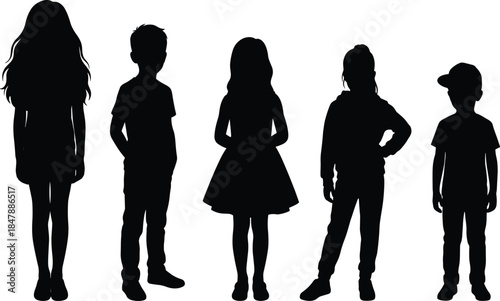 Set of five diverse children silhouettes featuring boys and girls standing in casual poses, isolated on white background, childhood collection,