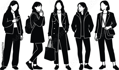 Set of five professional woman silhouettes standing with smartphones, handbags, and backpacks, modern female business characters isolated on white background.