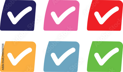 White check mark icon set design on colorful squares
