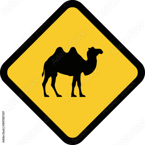 Camel Crossing Warning Sign Silhouette on Yellow Diamond Traffic Sign